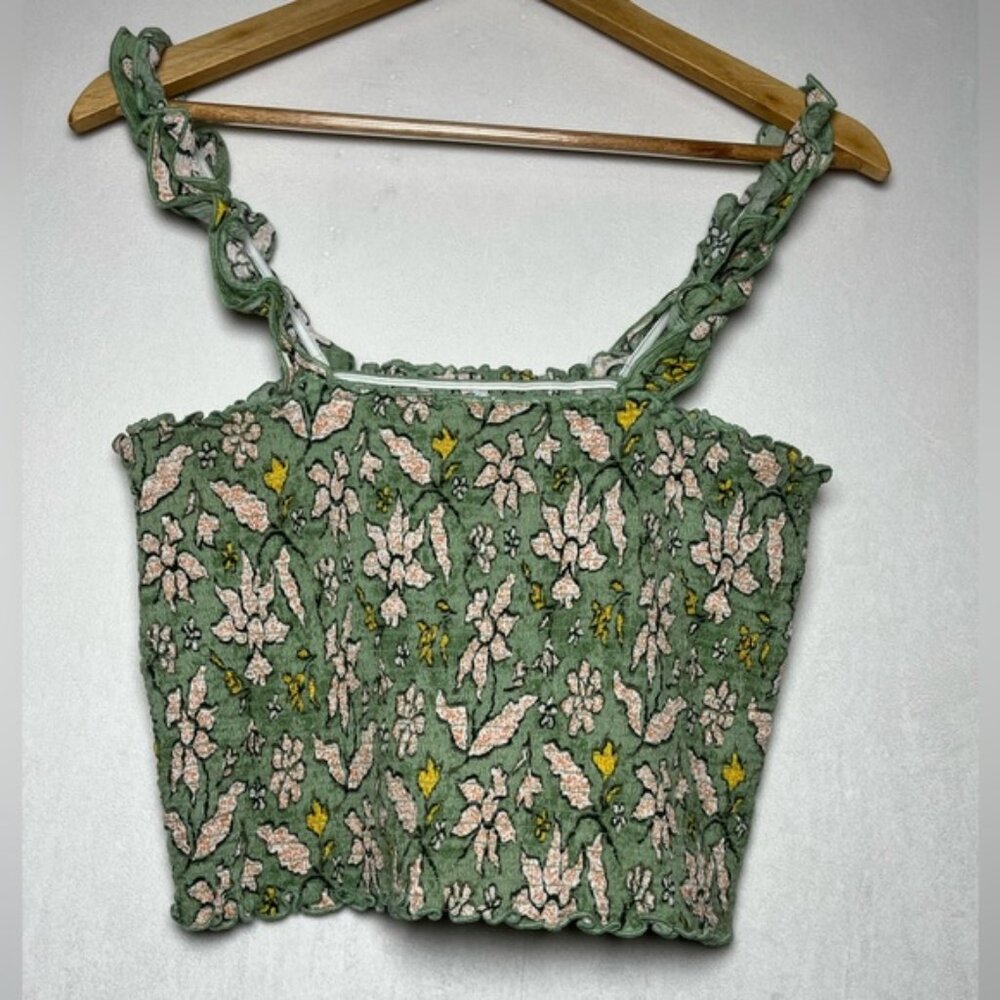 Aerie Jungle Thrills Cropped Smocked Tank Top Floral Ruffle Women Size M